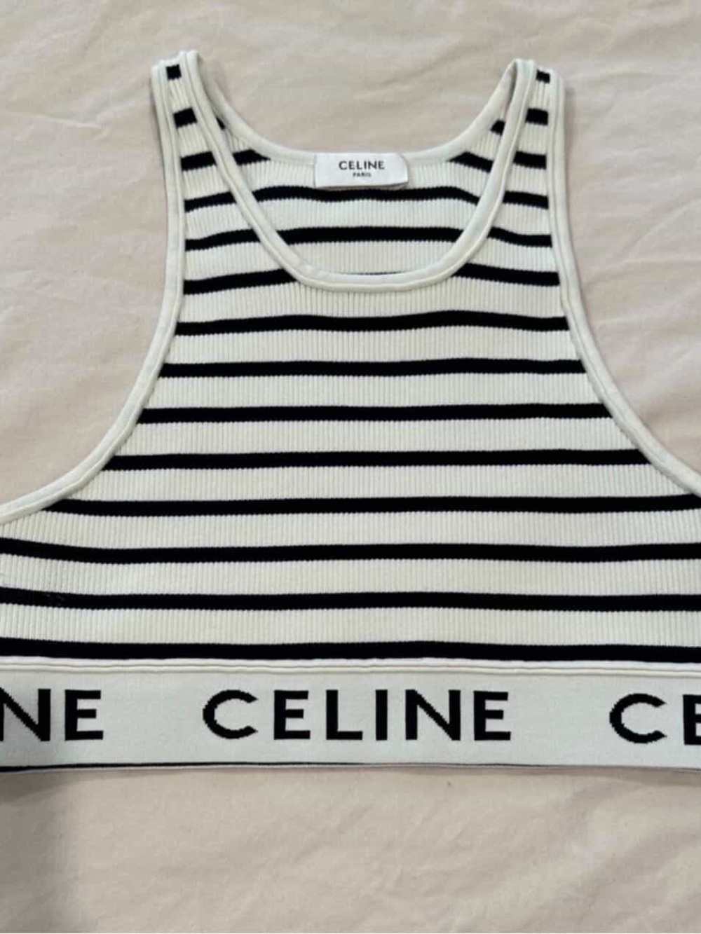 Celine Black and White Striped Logo Crop Tank